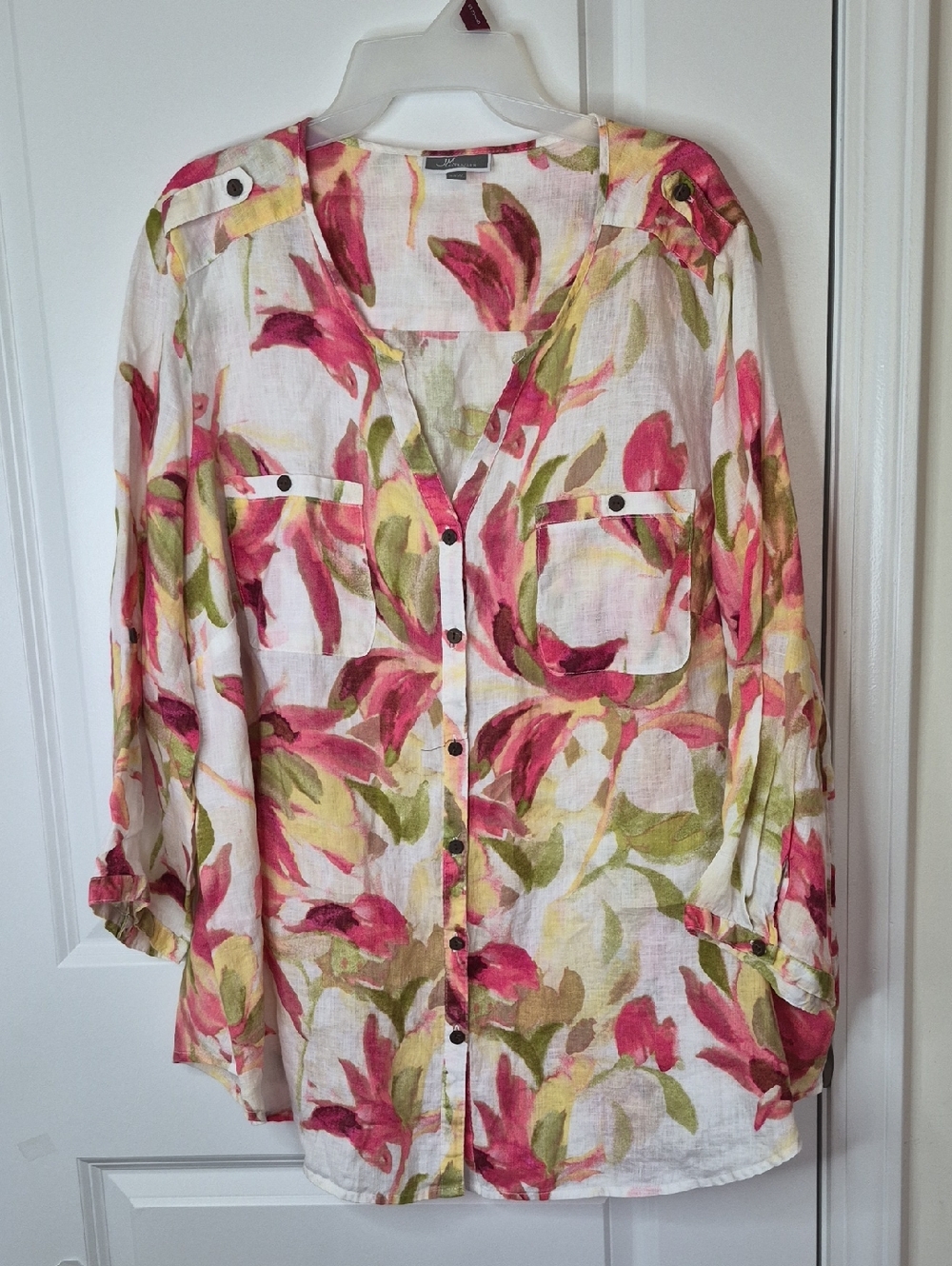 JM Collection Floral Button-Front Shirt in Pink & Green‎ Size 22W 100% Linen